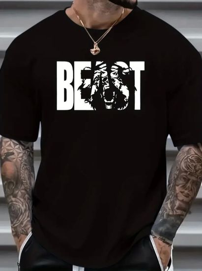 Baskılı Oversize Bisiklet Yaka T-shirt - Siyah resmi